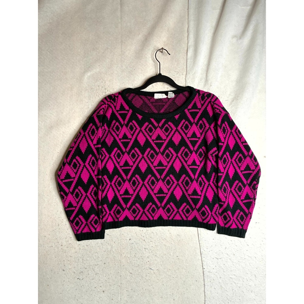 Hunter's Glen Sweater Womens Medium Pink Black Geometric Tight Knit Round Neck
